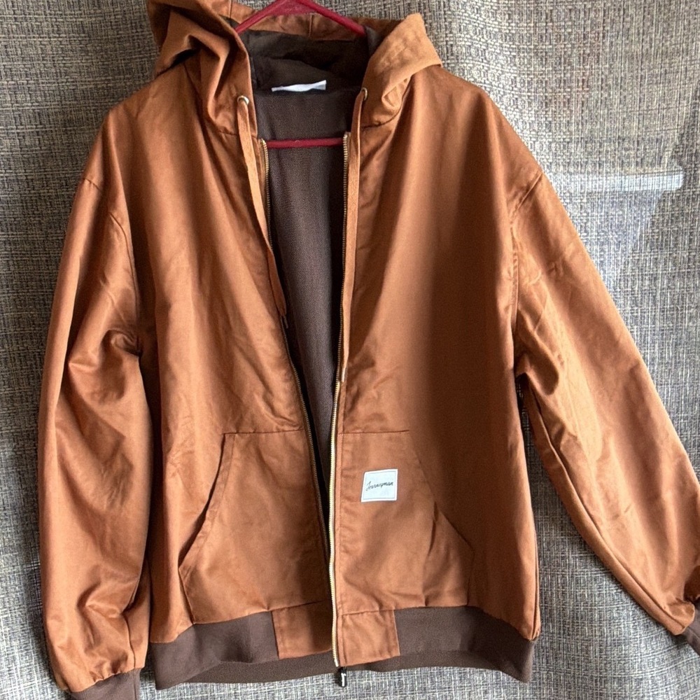 Mens Jacket Journeyman L Brown Canvas Hooded Full Zip Workwear Bomber